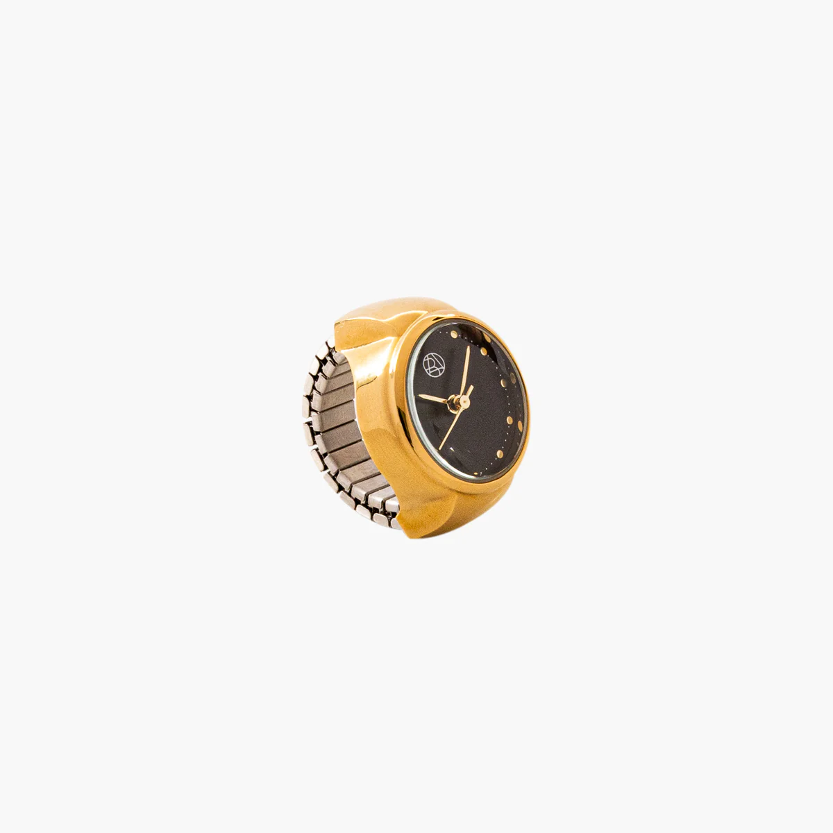 Bague montre cadran rond fond noir bracelet maille doré - Image 2