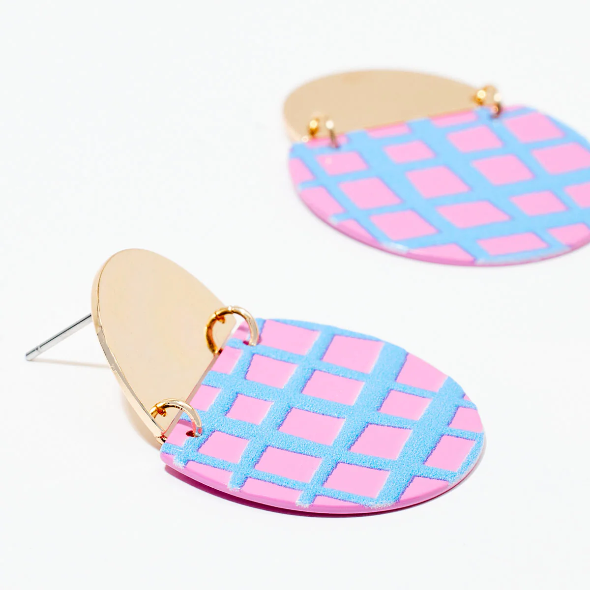 Boucles d'oreilles imprimé à carreaux - rose et bleu - Image 3