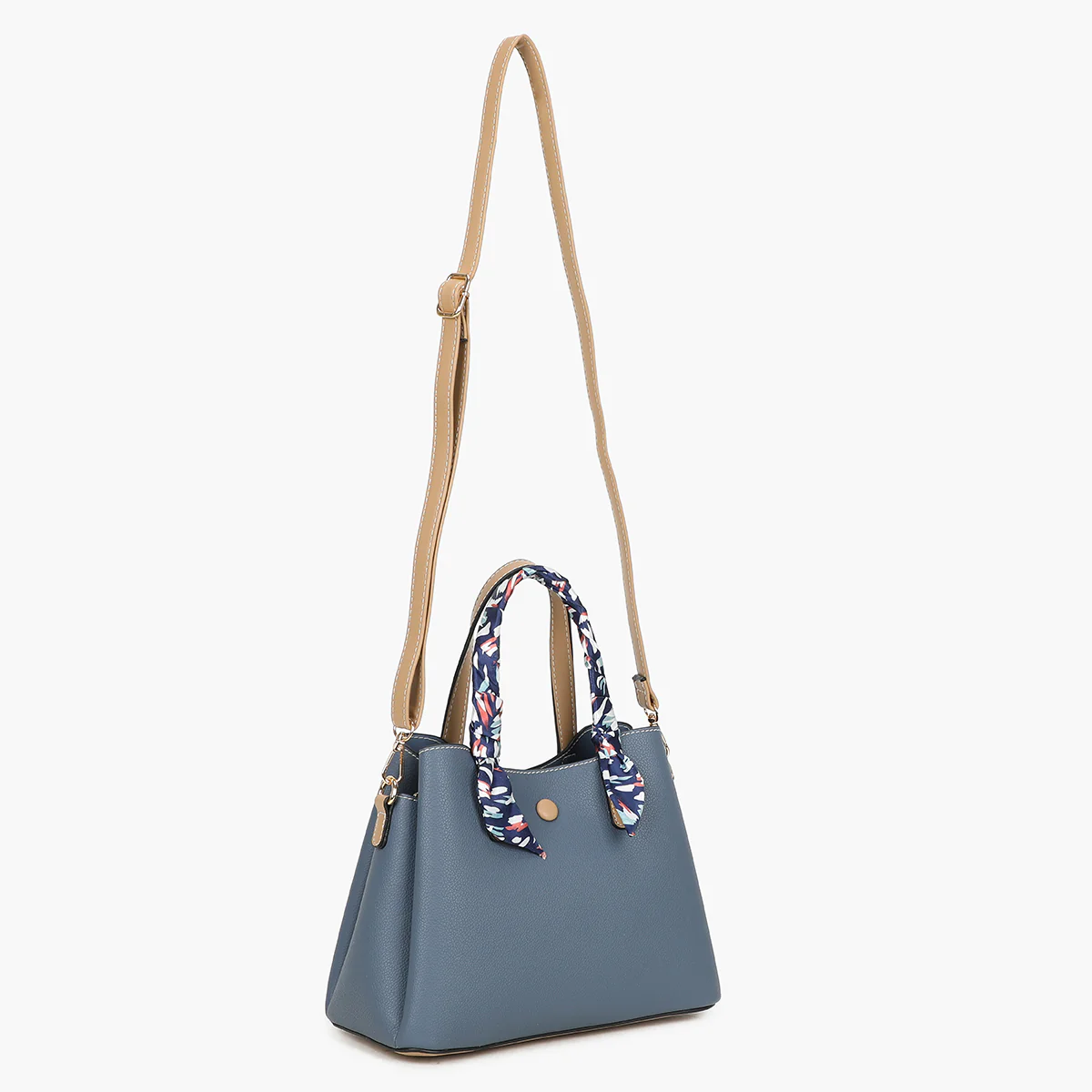 Petit sac à main bleu bicolor effet grainé avec foulard - Image 3