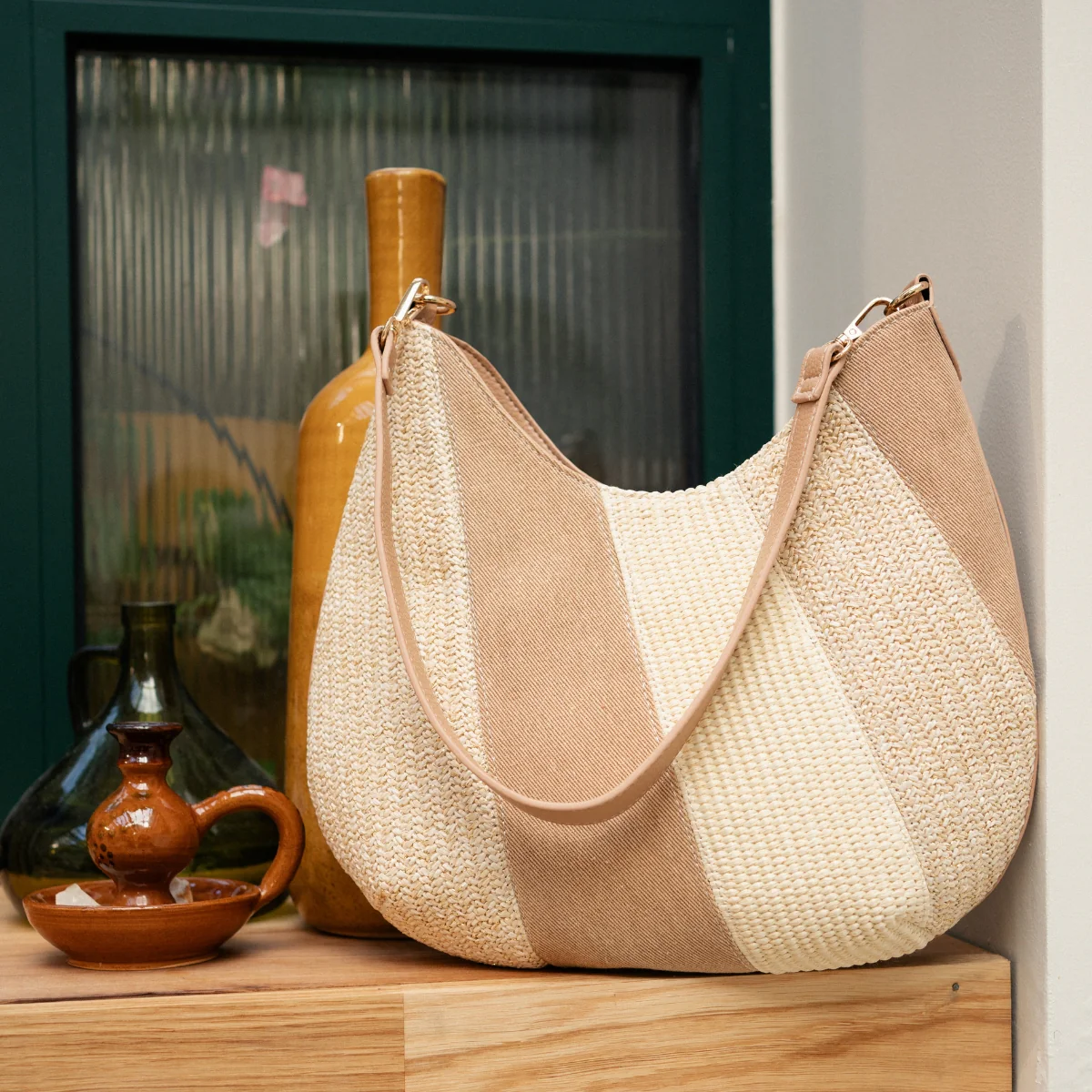 Sac épaule patchwork beige - Image 2