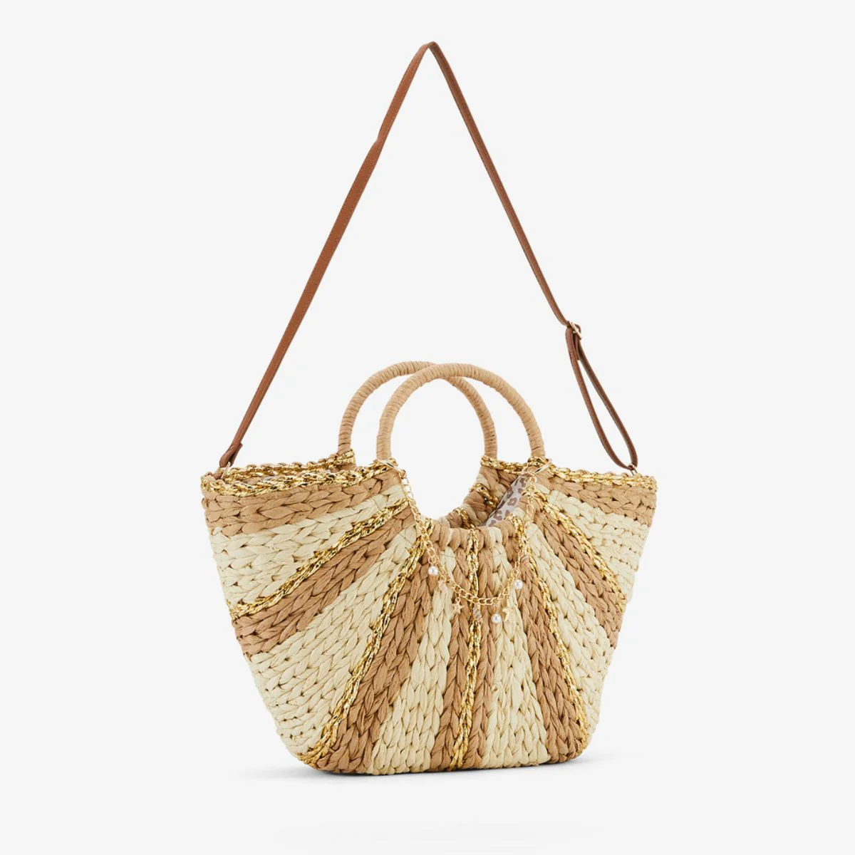 Sac panier à rayures beige et doré - Image 3